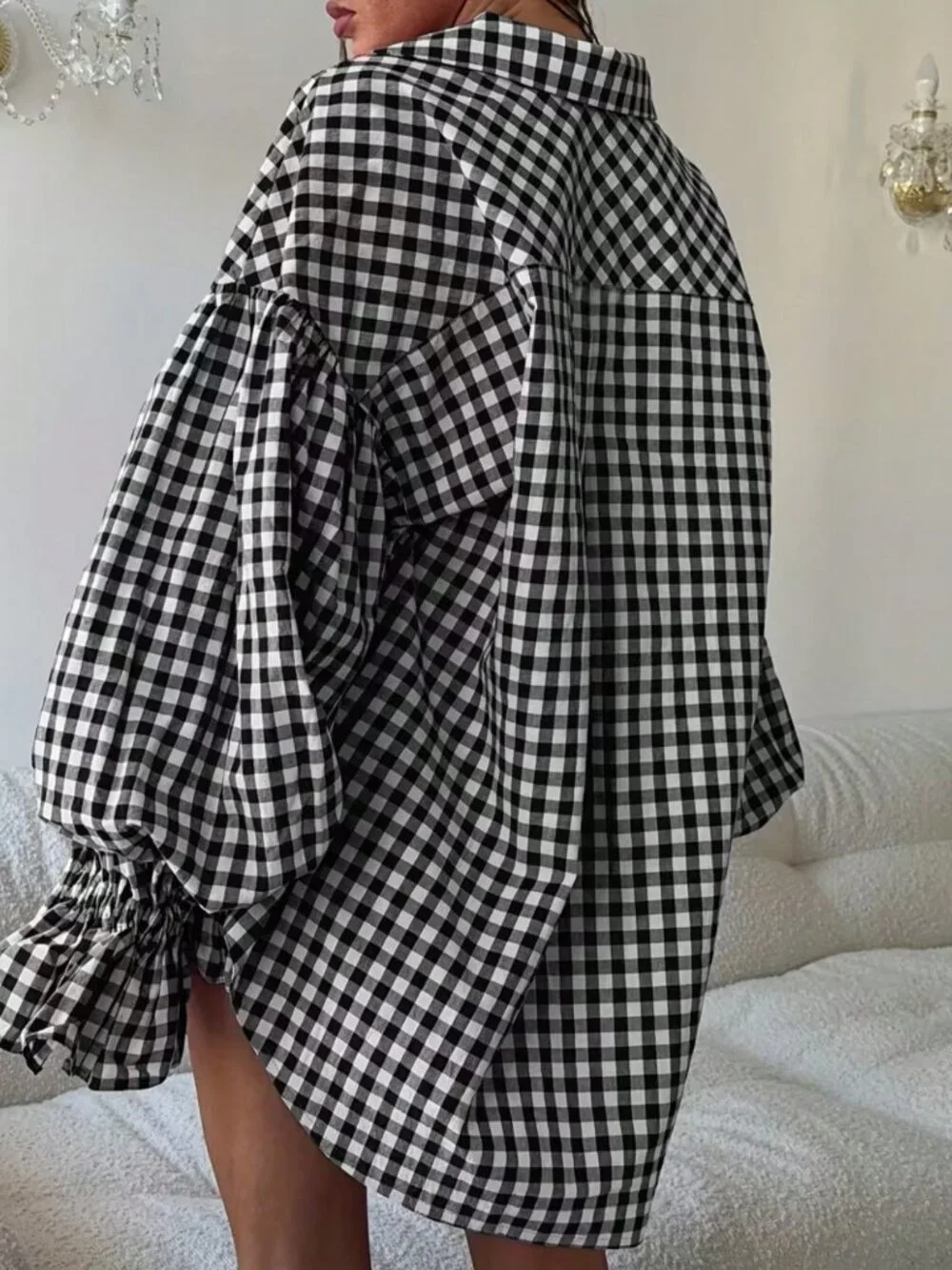 Black And White Casual Women's Plaid Long Sleeve Shirt With Pockets And Buttons - Picture 1 of 5